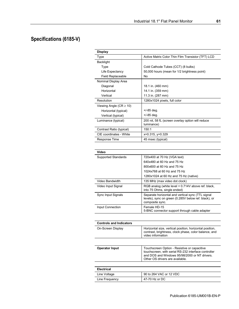 Specifications (6185-v) | Rockwell Automation 6185-V Industrial 18.1 Inch Flat Panel Monitor User Manual User Manual | Page 61 / 64