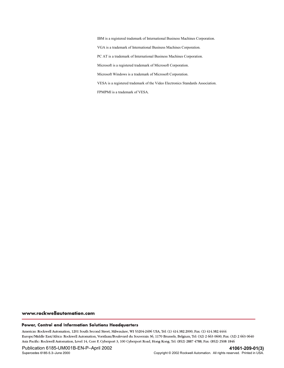 Back cover | Rockwell Automation 6185-V Industrial 18.1 Inch Flat Panel Monitor User Manual User Manual | Page 64 / 64