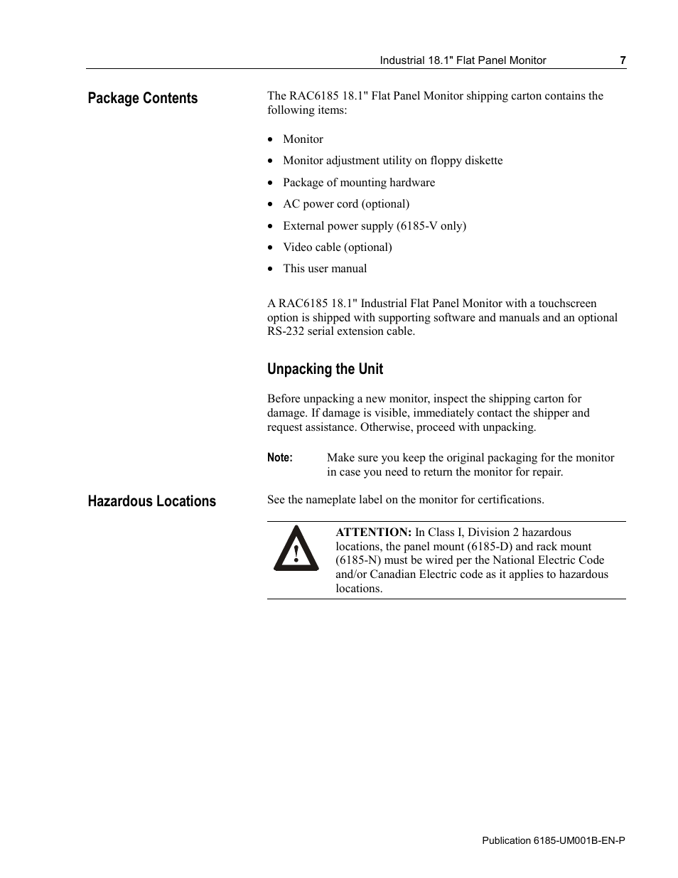 Package contents, Hazardous locations, Unpacking the unit | Package contents hazardous locations | Rockwell Automation 6185-V Industrial 18.1 Inch Flat Panel Monitor User Manual User Manual | Page 7 / 64