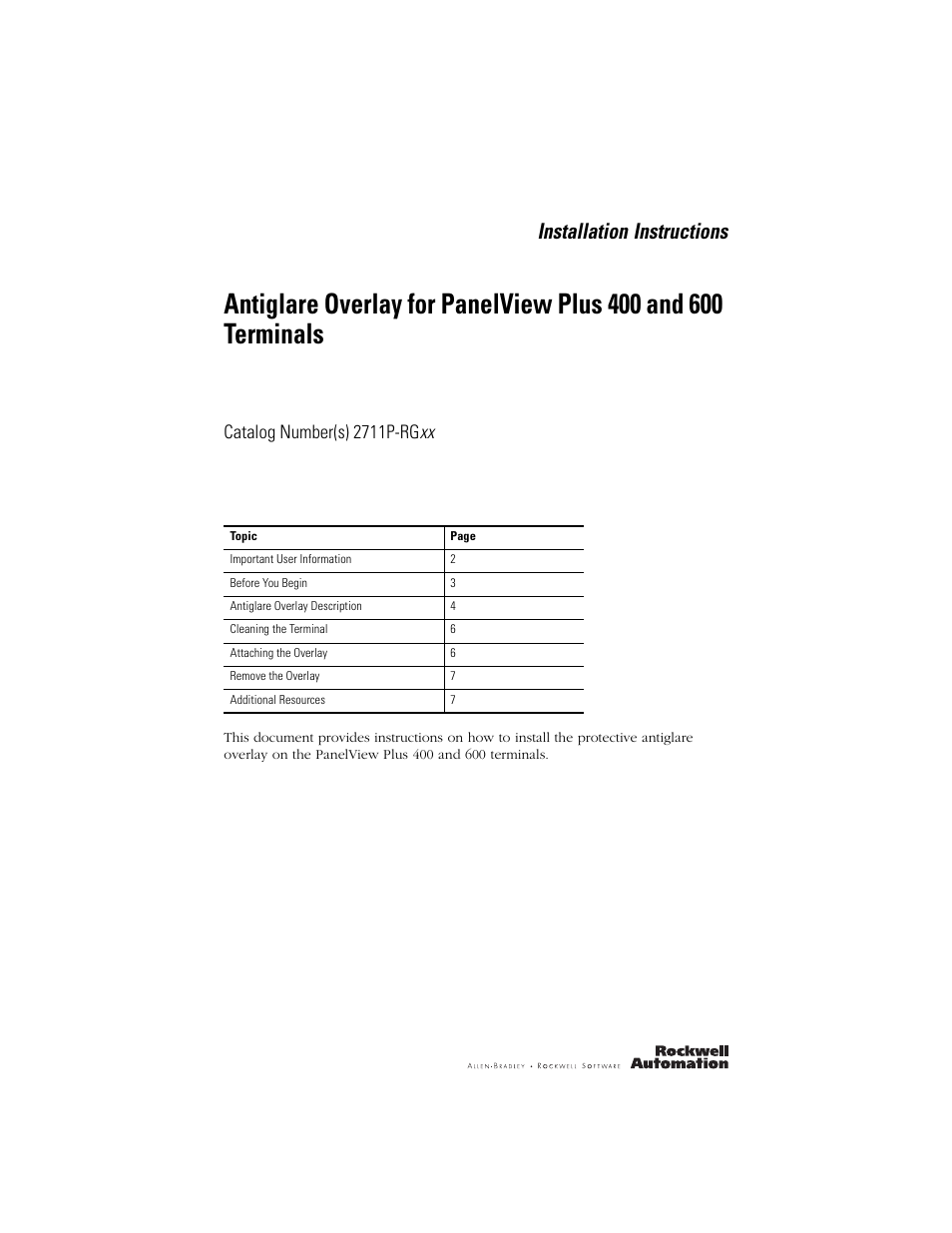 Rockwell Automation 2711P-RGxx Antiglare Overlay for PanelView Plus 400 and 600 Terminals User Manual | 8 pages