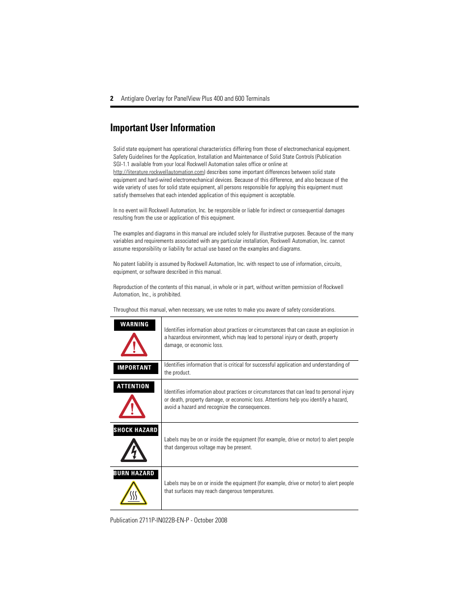 Important user information | Rockwell Automation 2711P-RGxx Antiglare Overlay for PanelView Plus 400 and 600 Terminals User Manual | Page 2 / 8