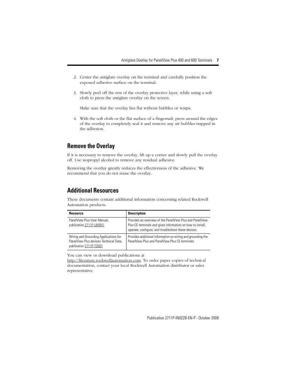Remove the overlay, Additional resources | Rockwell Automation 2711P-RGxx Antiglare Overlay for PanelView Plus 400 and 600 Terminals User Manual | Page 7 / 8