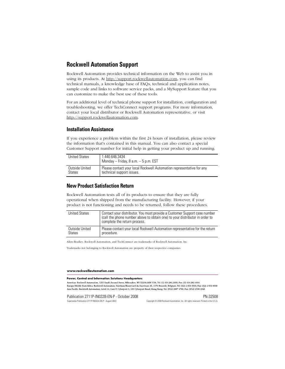 Rockwell automation support, Installation assistance, New product satisfaction return | Rockwell Automation 2711P-RGxx Antiglare Overlay for PanelView Plus 400 and 600 Terminals User Manual | Page 8 / 8