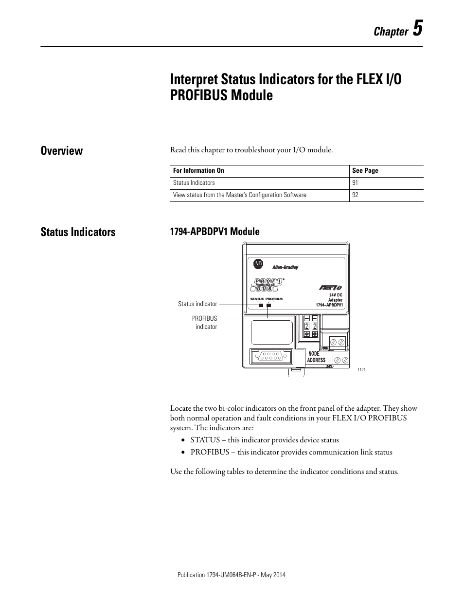 Overview, Status indicators, 1794-apbdpv1 module | Chapter 5, Overview status indicators, Chapter | Rockwell Automation 1794-APBDPV1 FLEX I/O PROFIBUS Adapter User Manual User Manual | Page 103 / 153