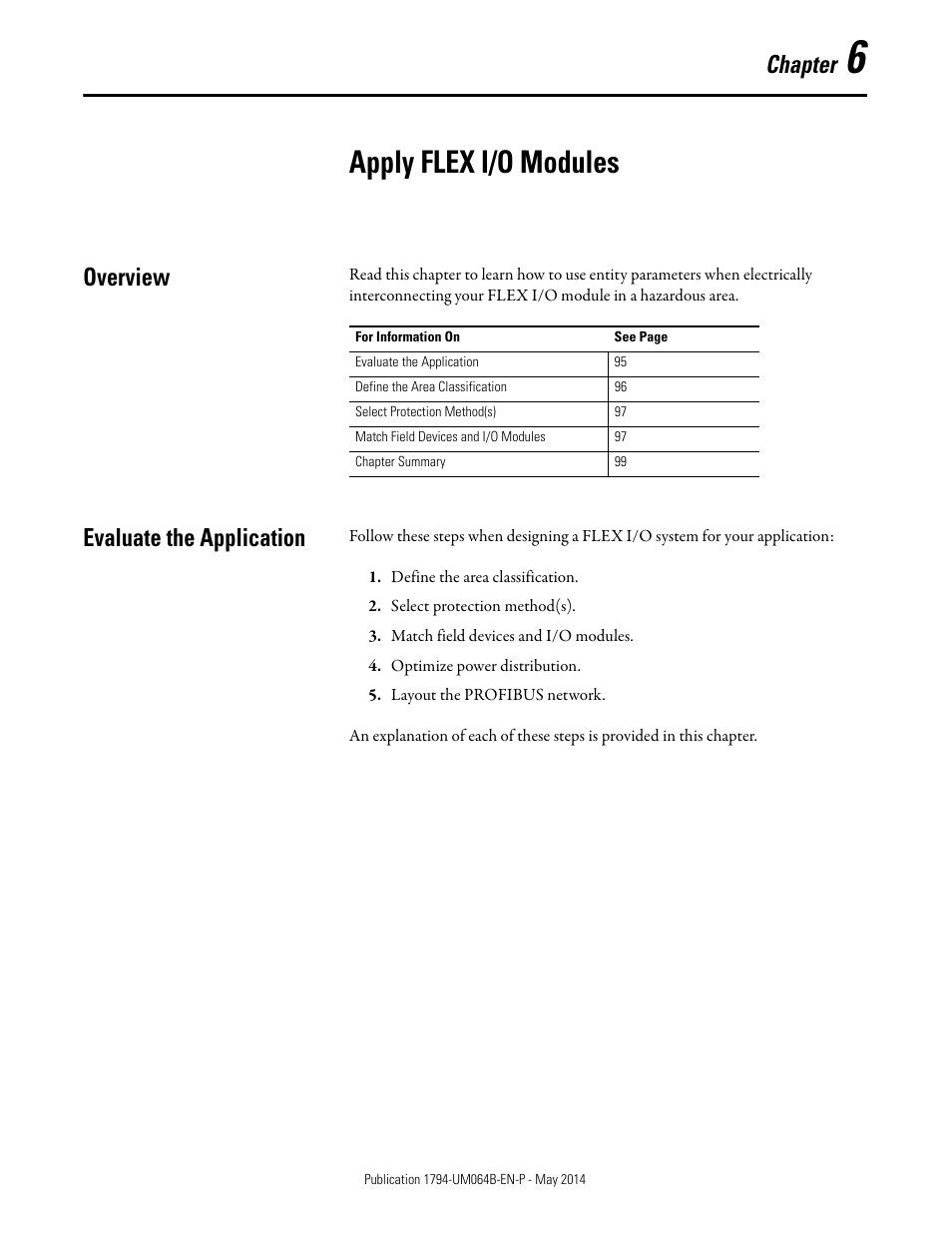 6 - apply flex i/o modules, Apply flex i/o modules, Overview | Evaluate the application, Chapter 6, Overview evaluate the application, Chapter | Rockwell Automation 1794-APBDPV1 FLEX I/O PROFIBUS Adapter User Manual User Manual | Page 107 / 153