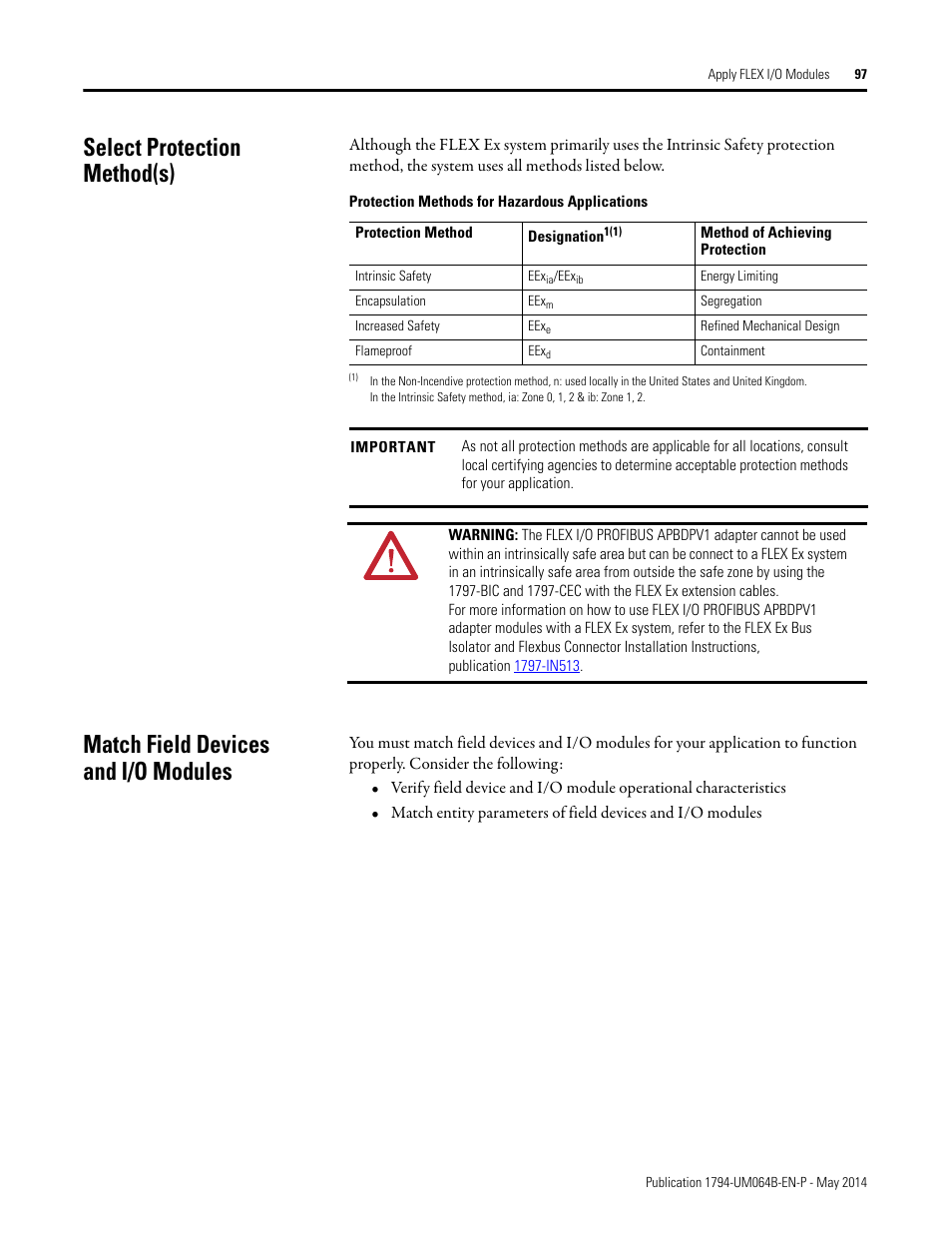 Select protection method(s), Match field devices and i/o modules | Rockwell Automation 1794-APBDPV1 FLEX I/O PROFIBUS Adapter User Manual User Manual | Page 109 / 153