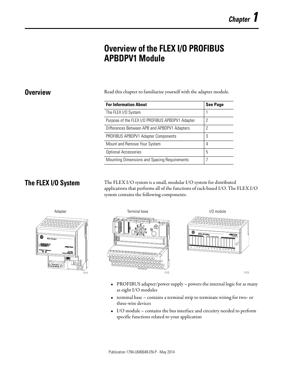 Overview of the flex i/o profibus apbdpv1 module, Overview, The flex i/o system | Chapter 1, Overview the flex i/o system, Chapter | Rockwell Automation 1794-APBDPV1 FLEX I/O PROFIBUS Adapter User Manual User Manual | Page 13 / 153