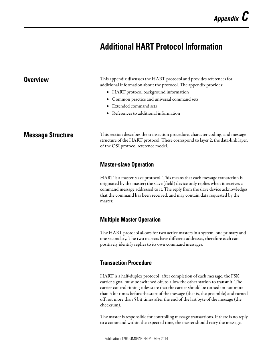 C - additional hart protocol information, Additional hart protocol information, Overview | Message structure, Master-slave operation, Multiple master operation, Transaction procedure, Appendix c, Overview message structure | Rockwell Automation 1794-APBDPV1 FLEX I/O PROFIBUS Adapter User Manual User Manual | Page 134 / 153