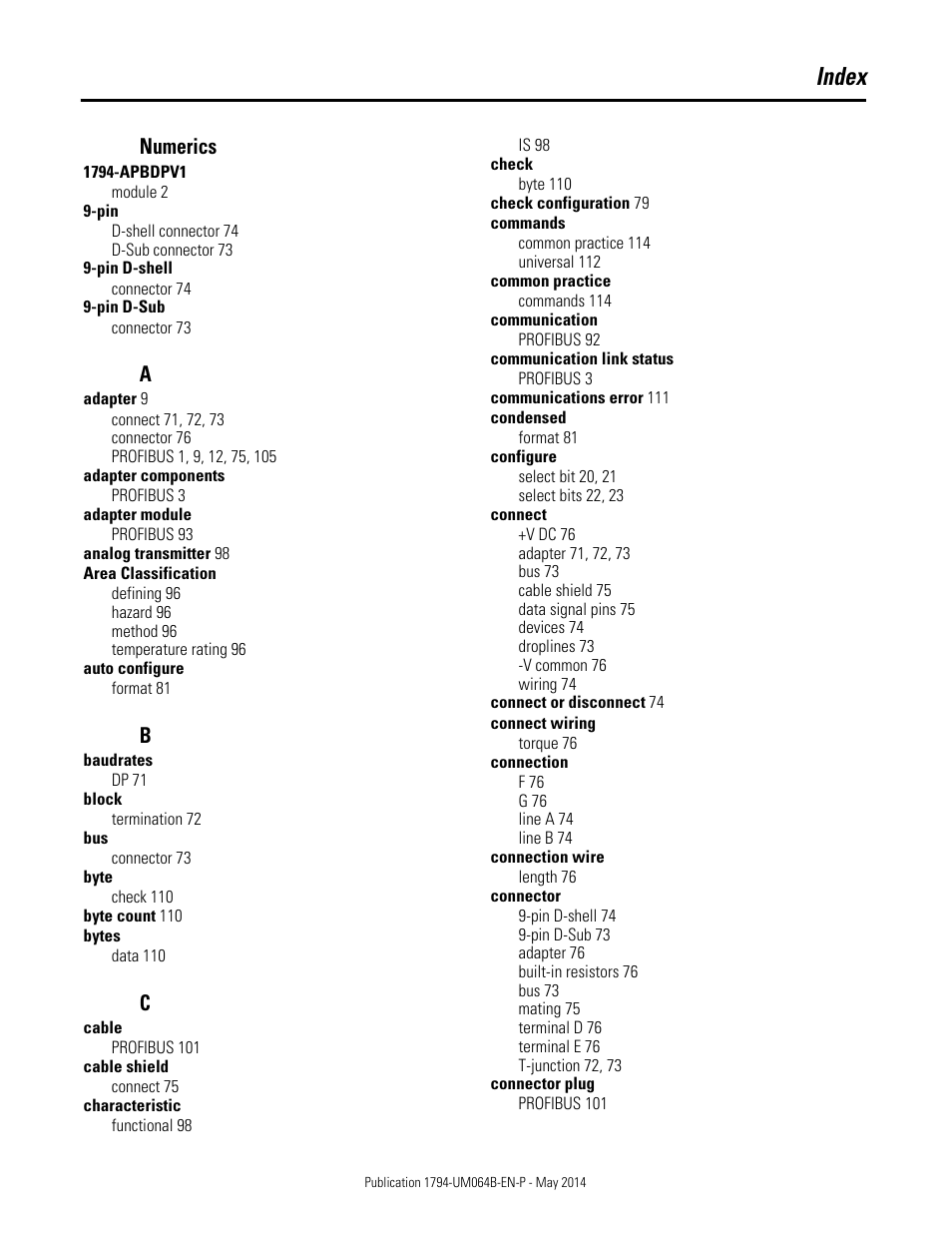 Index, Numerics | Rockwell Automation 1794-APBDPV1 FLEX I/O PROFIBUS Adapter User Manual User Manual | Page 148 / 153