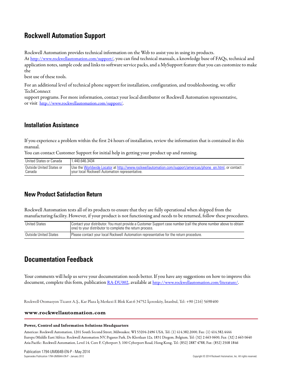 Back cover, Rockwell automation support, Documentation feedback | Installation assistance, New product satisfaction return | Rockwell Automation 1794-APBDPV1 FLEX I/O PROFIBUS Adapter User Manual User Manual | Page 153 / 153