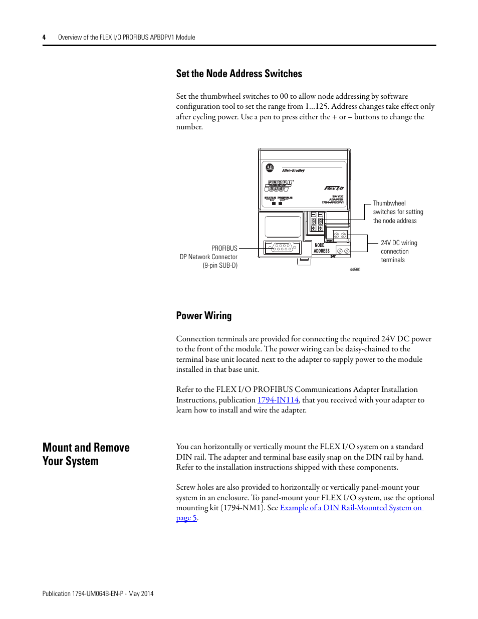 Set the node address switches, Power wiring, Mount and remove your system | Set the node address switches power wiring | Rockwell Automation 1794-APBDPV1 FLEX I/O PROFIBUS Adapter User Manual User Manual | Page 16 / 153