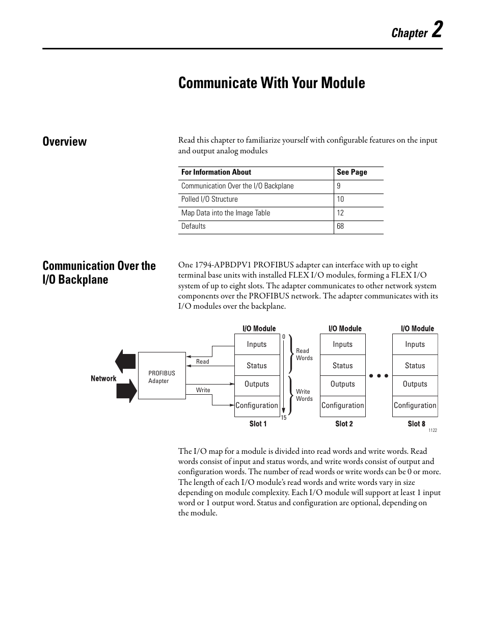 2 - communicate with your module, Communicate with your module, Overview | Communication over the i/o backplane, Chapter 2, Overview communication over the i/o backplane, Chapter | Rockwell Automation 1794-APBDPV1 FLEX I/O PROFIBUS Adapter User Manual User Manual | Page 21 / 153