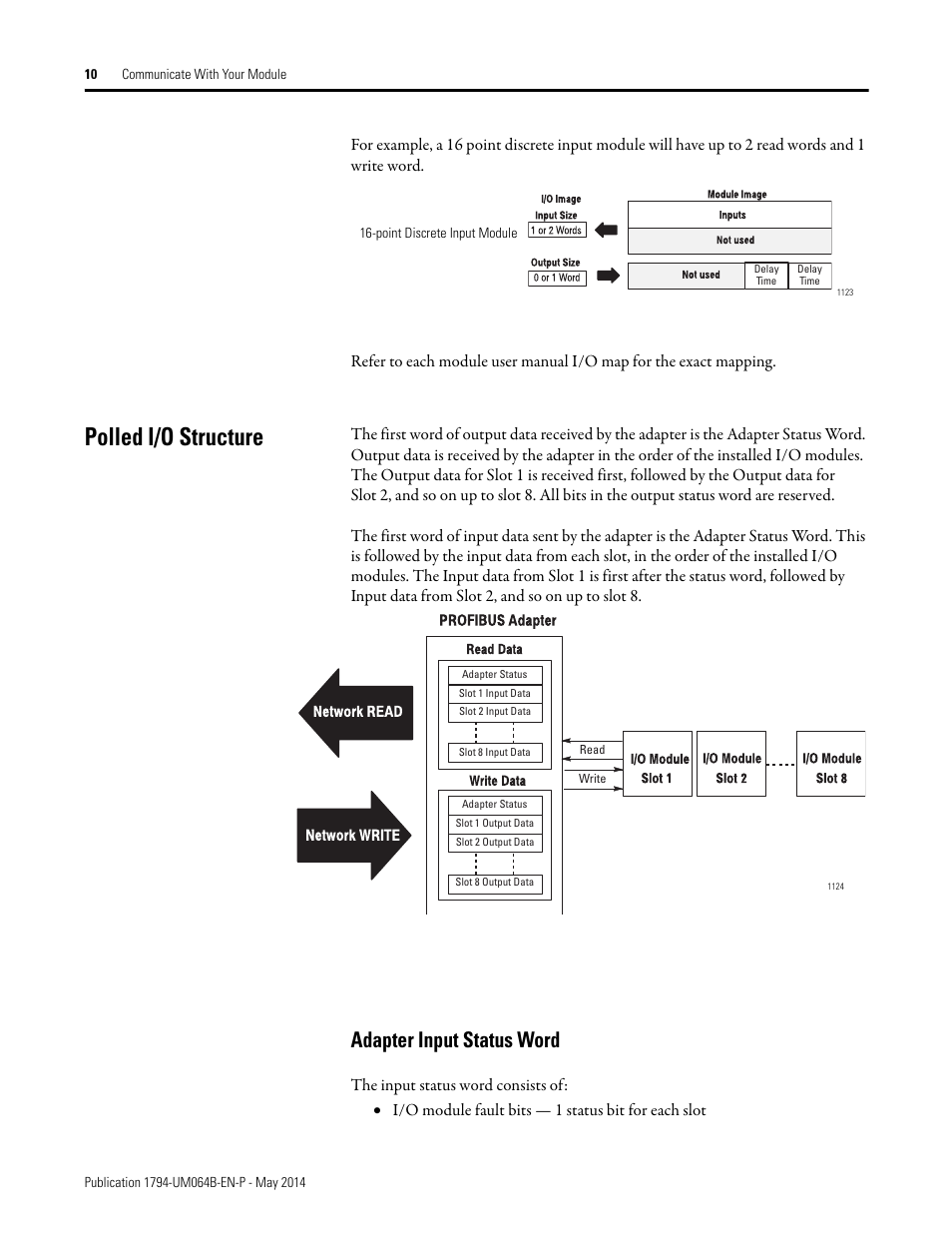 Polled i/o structure, Adapter input status word | Rockwell Automation 1794-APBDPV1 FLEX I/O PROFIBUS Adapter User Manual User Manual | Page 22 / 153