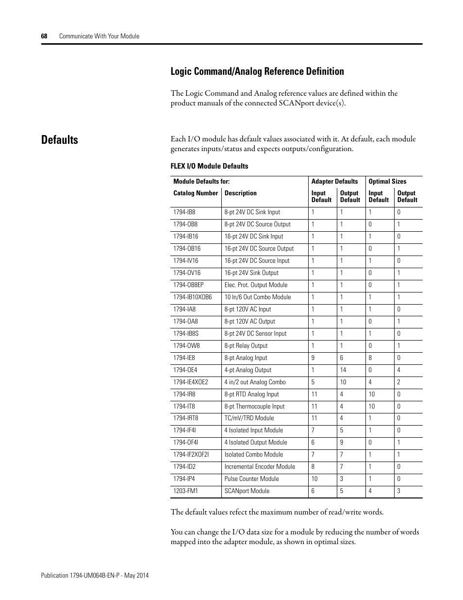 Logic command/analog reference definition, Defaults | Rockwell Automation 1794-APBDPV1 FLEX I/O PROFIBUS Adapter User Manual User Manual | Page 80 / 153