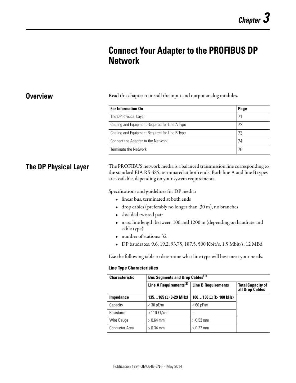 Connect your adapter to the profibus dp network, Overview, The dp physical layer | Chapter 3, Overview the dp physical layer, Chapter | Rockwell Automation 1794-APBDPV1 FLEX I/O PROFIBUS Adapter User Manual User Manual | Page 83 / 153