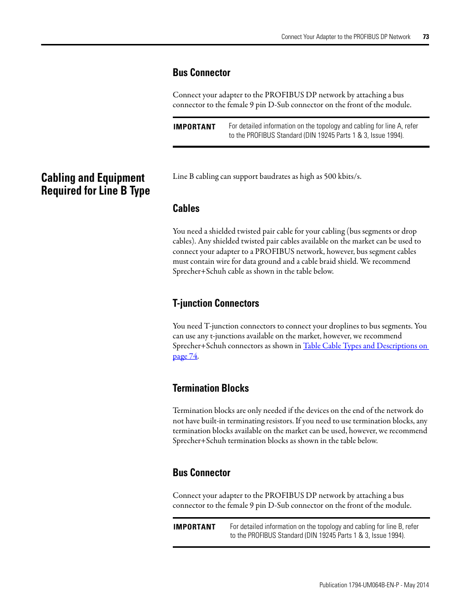 Bus connector, Cabling and equipment required for line b type, Cables | T-junction connectors, Termination blocks | Rockwell Automation 1794-APBDPV1 FLEX I/O PROFIBUS Adapter User Manual User Manual | Page 85 / 153