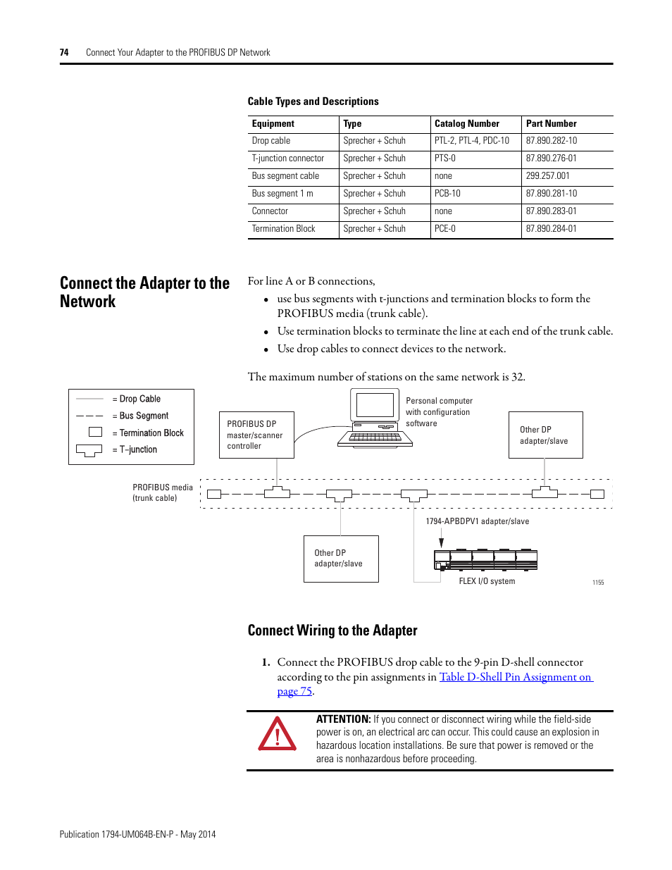 Connect the adapter to the network, Connect wiring to the adapter, Table cable types and descriptions on | Rockwell Automation 1794-APBDPV1 FLEX I/O PROFIBUS Adapter User Manual User Manual | Page 86 / 153