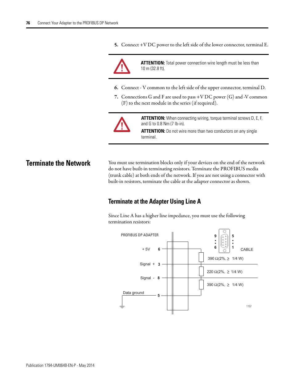 Terminate the network, Terminate at the adapter using line a | Rockwell Automation 1794-APBDPV1 FLEX I/O PROFIBUS Adapter User Manual User Manual | Page 88 / 153