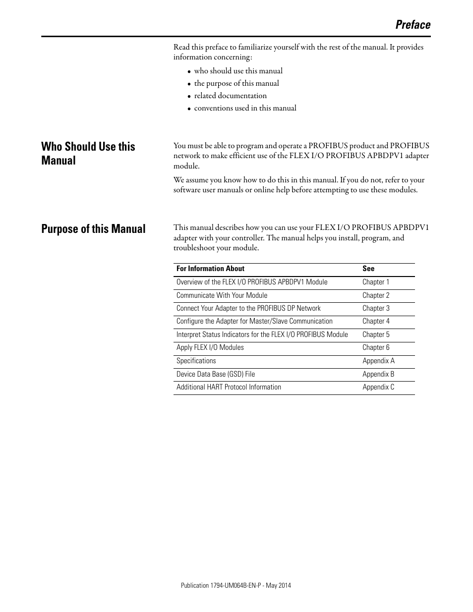 Preface, Who should use this manual, Purpose of this manual | Rockwell Automation 1794-APBDPV1 FLEX I/O PROFIBUS Adapter User Manual User Manual | Page 9 / 153