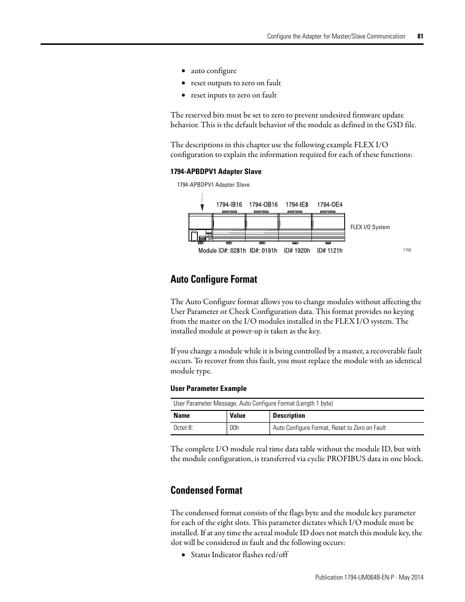 Auto configure format, Condensed format, Auto configure format condensed format | Rockwell Automation 1794-APBDPV1 FLEX I/O PROFIBUS Adapter User Manual User Manual | Page 93 / 153