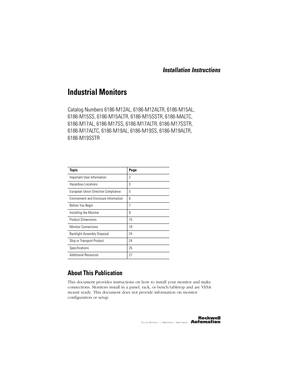 Rockwell Automation 6186-Mxxx Industrial Monitors Installation Instructions User Manual | 28 pages