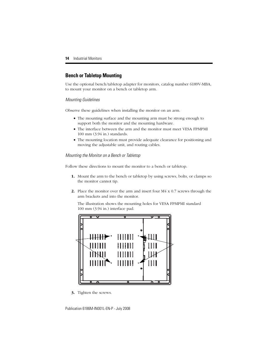 Bench or tabletop mounting | Rockwell Automation 6186-Mxxx Industrial Monitors Installation Instructions User Manual | Page 14 / 28