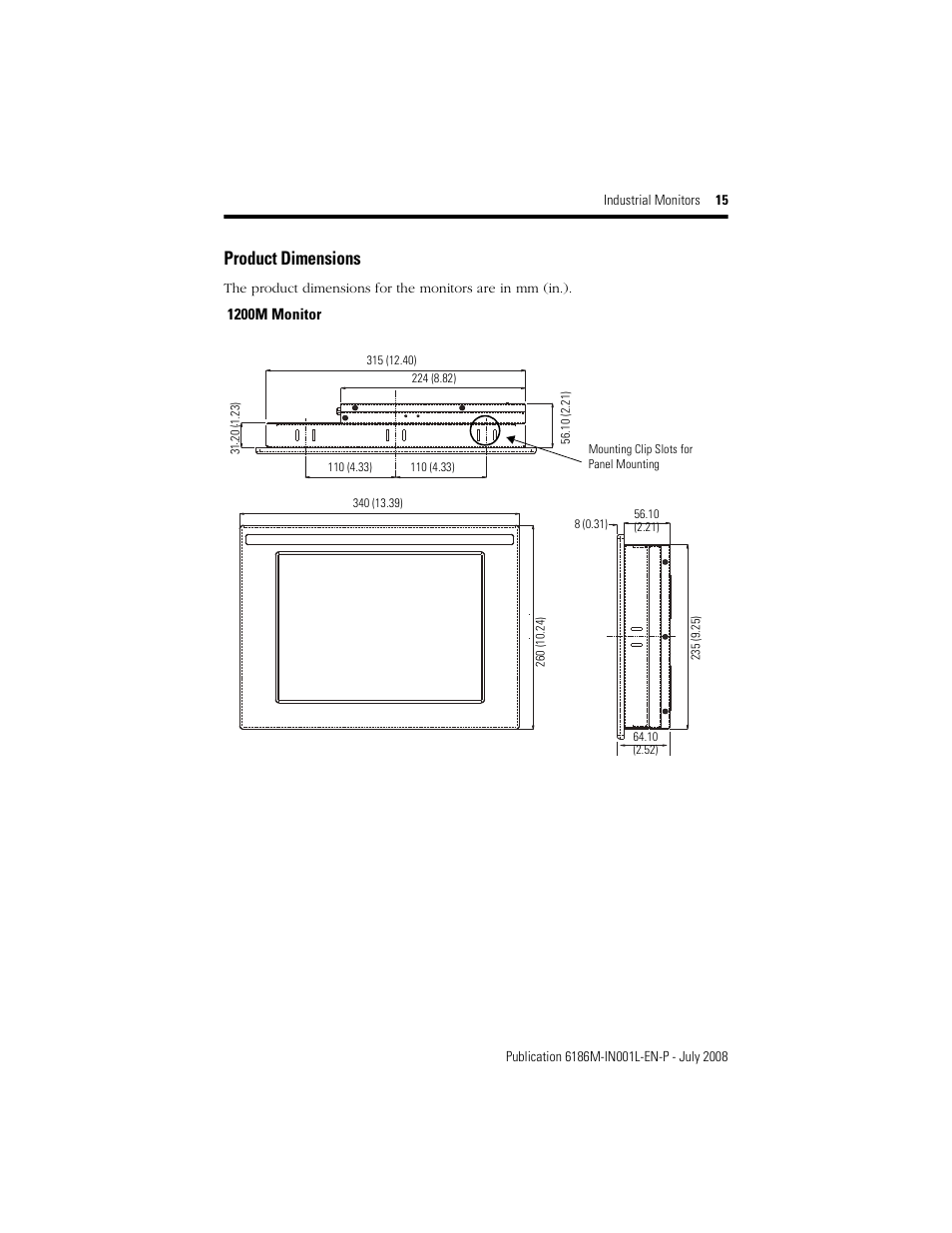 Product dimensions | Rockwell Automation 6186-Mxxx Industrial Monitors Installation Instructions User Manual | Page 15 / 28