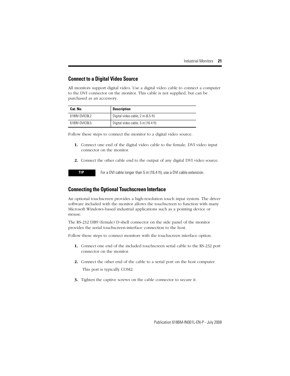 Connect to a digital video source, Connecting the optional touchscreen interface | Rockwell Automation 6186-Mxxx Industrial Monitors Installation Instructions User Manual | Page 21 / 28