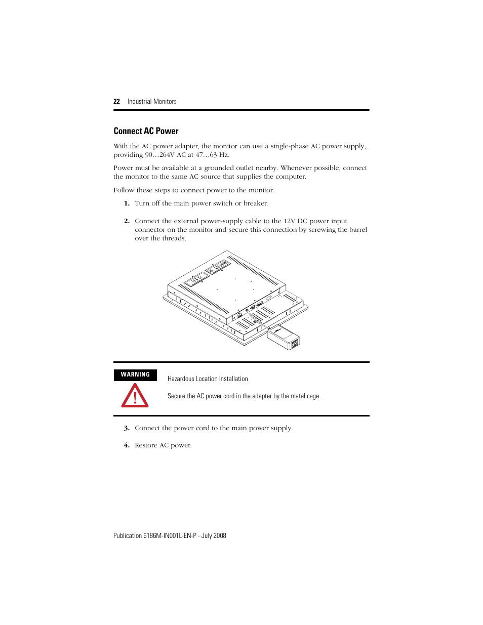 Connect ac power | Rockwell Automation 6186-Mxxx Industrial Monitors Installation Instructions User Manual | Page 22 / 28