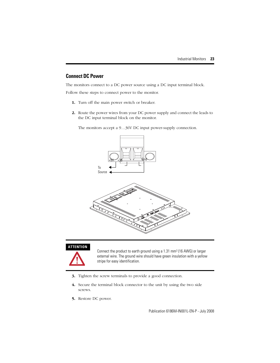 Connect dc power | Rockwell Automation 6186-Mxxx Industrial Monitors Installation Instructions User Manual | Page 23 / 28