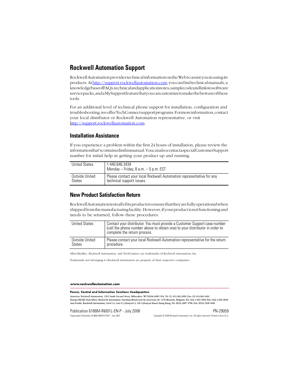 Back cover, Rockwell automation support, Installation assistance | New product satisfaction return | Rockwell Automation 6186-Mxxx Industrial Monitors Installation Instructions User Manual | Page 28 / 28
