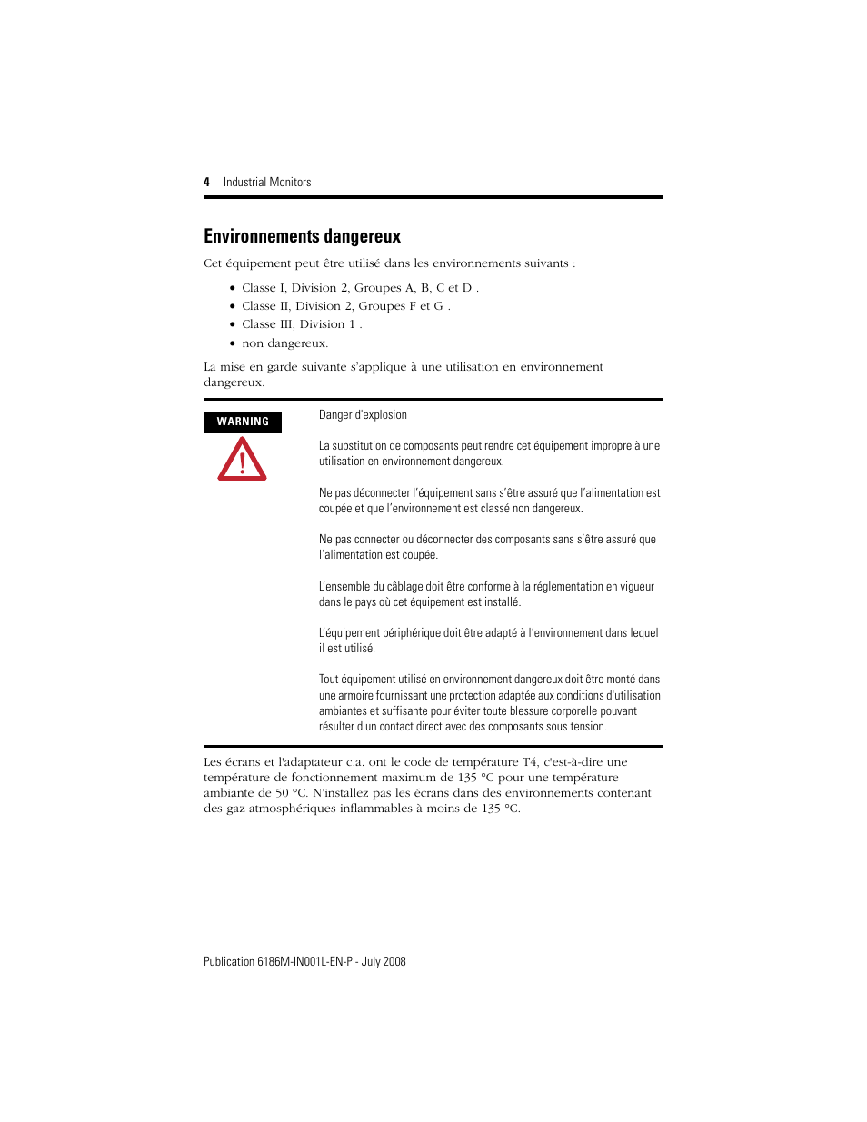 Environnements dangereux | Rockwell Automation 6186-Mxxx Industrial Monitors Installation Instructions User Manual | Page 4 / 28