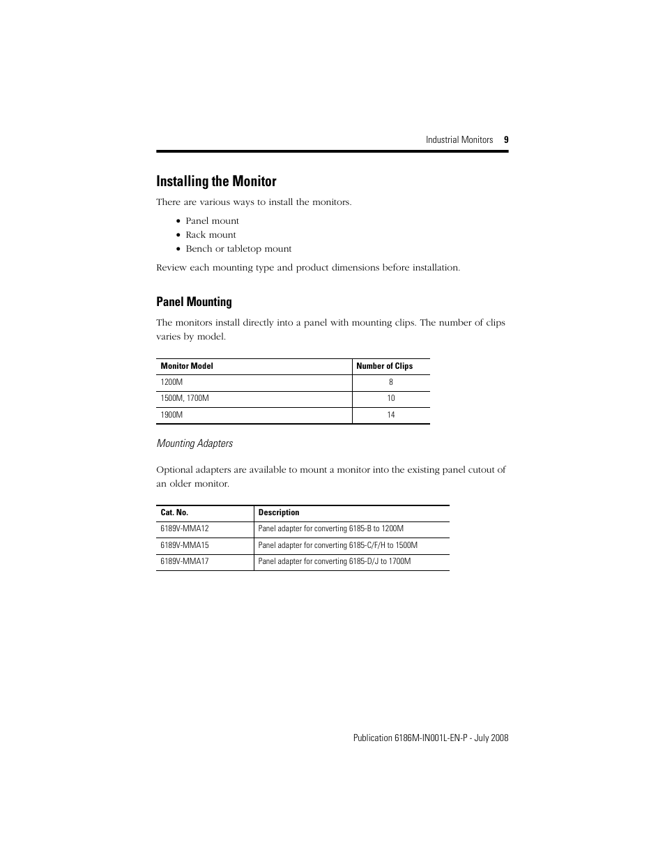Installing the monitor, Panel mounting | Rockwell Automation 6186-Mxxx Industrial Monitors Installation Instructions User Manual | Page 9 / 28