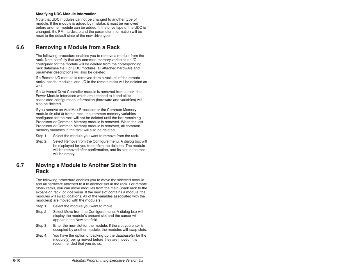 6 removing a module from a rack, 7 moving a module to another slot in the rack | Rockwell Automation 57C620 AutoMax Programming Executive Version 3.8 User Manual | Page 108 / 298