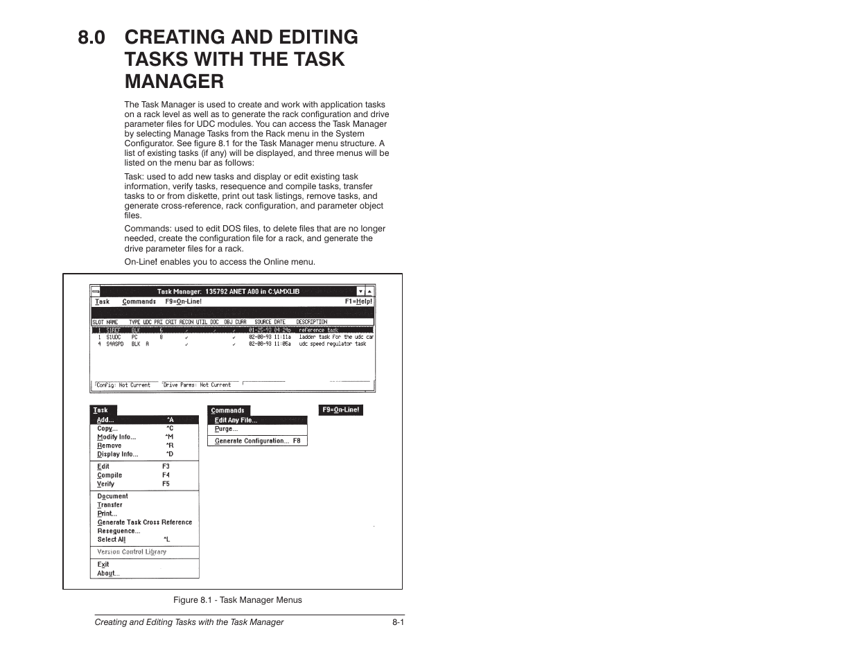 0 creating and editing tasks with the task manager | Rockwell Automation 57C620 AutoMax Programming Executive Version 3.8 User Manual | Page 129 / 298