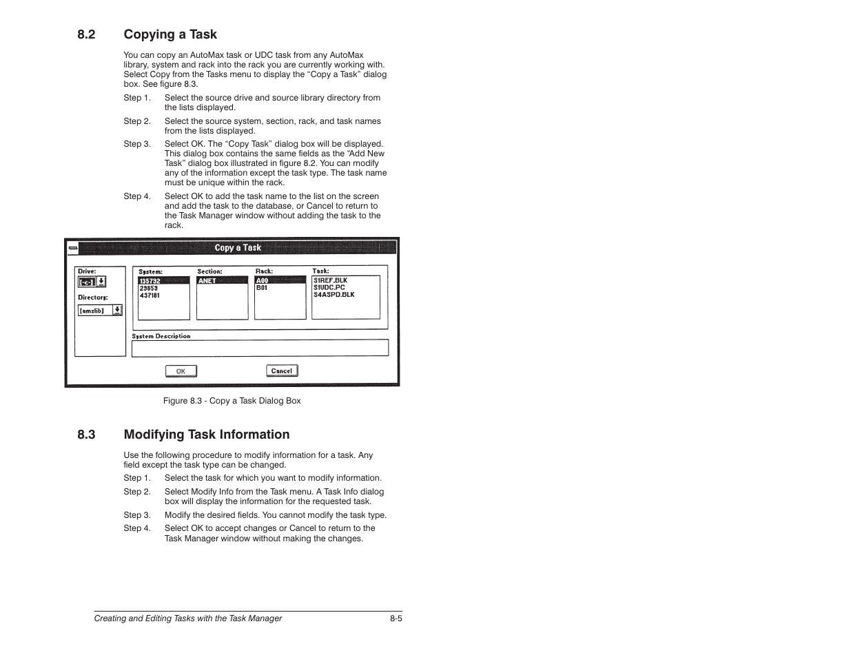 2 copying a task, 3 modifying task information | Rockwell Automation 57C620 AutoMax Programming Executive Version 3.8 User Manual | Page 133 / 298