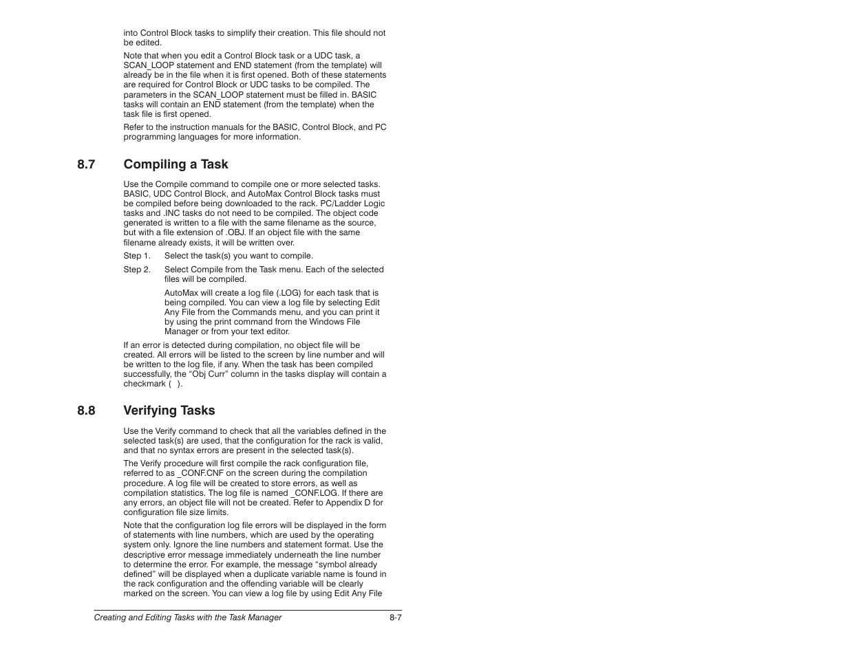 7 compiling a task, 8 verifying tasks | Rockwell Automation 57C620 AutoMax Programming Executive Version 3.8 User Manual | Page 135 / 298
