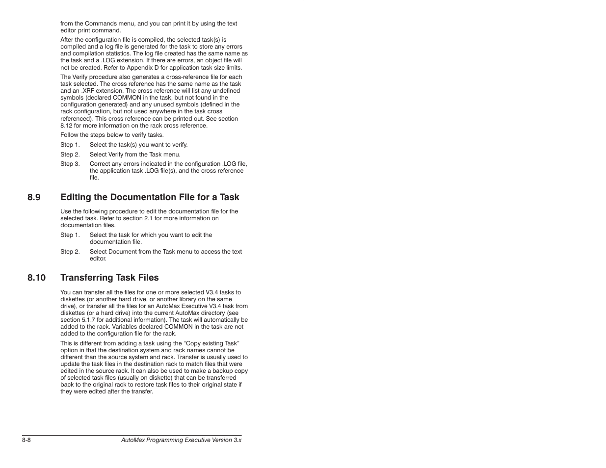 9 editing the documentation file for a task, 10 transferring task files | Rockwell Automation 57C620 AutoMax Programming Executive Version 3.8 User Manual | Page 136 / 298