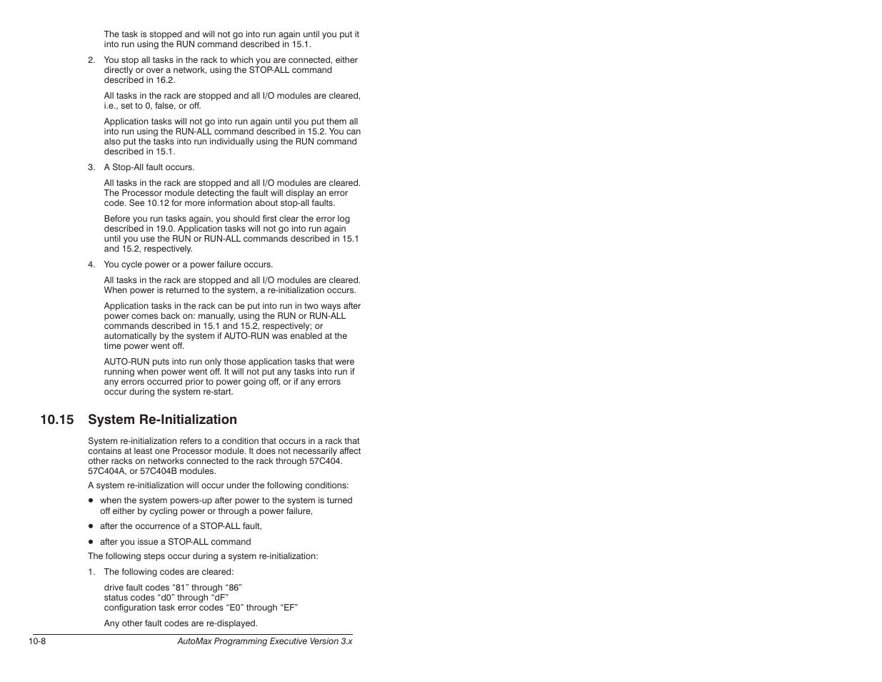 15 system re-initialization, 15 system rećinitialization | Rockwell Automation 57C620 AutoMax Programming Executive Version 3.8 User Manual | Page 156 / 298