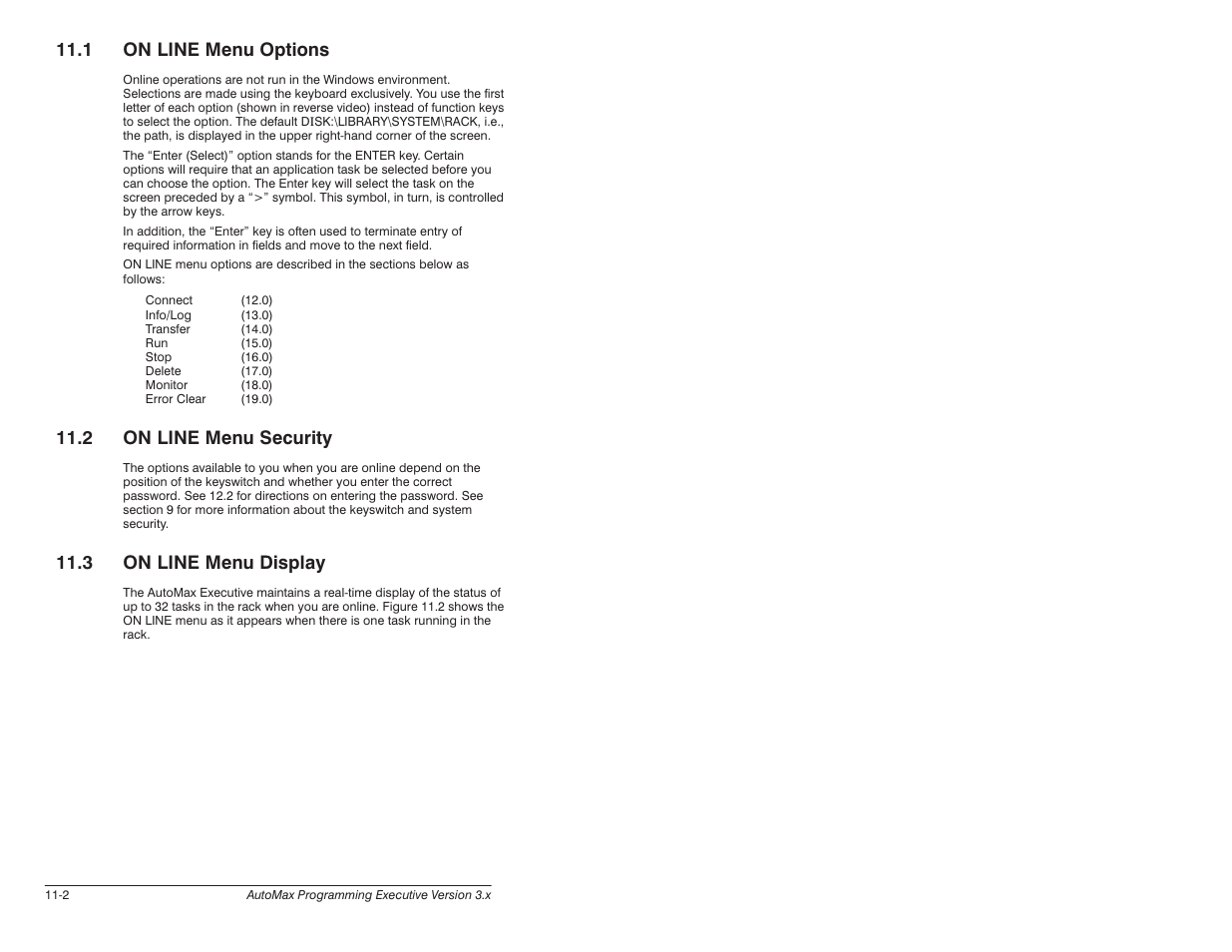 1 on line menu options, 2 on line menu display, 3 on line menu display | 2 on line menu security | Rockwell Automation 57C620 AutoMax Programming Executive Version 3.8 User Manual | Page 160 / 298