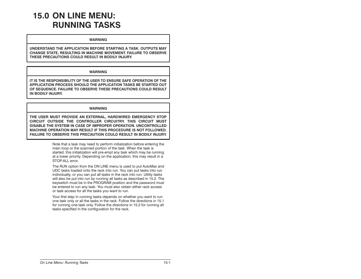 0 - on line menu: running tasks, 0 on line menu: running tasks | Rockwell Automation 57C620 AutoMax Programming Executive Version 3.8 User Manual | Page 181 / 298