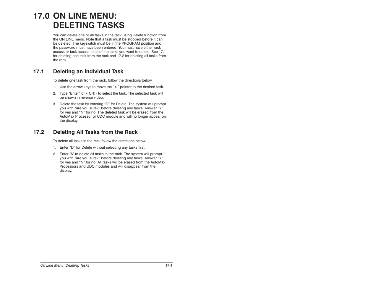 0 - on line menu: deleting tasks, 1 deleting an individual task, 2 deleting all tasks from the rack | 0 on line menu: deleting tasks | Rockwell Automation 57C620 AutoMax Programming Executive Version 3.8 User Manual | Page 187 / 298