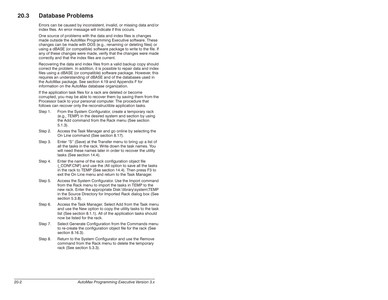3 database problems | Rockwell Automation 57C620 AutoMax Programming Executive Version 3.8 User Manual | Page 226 / 298
