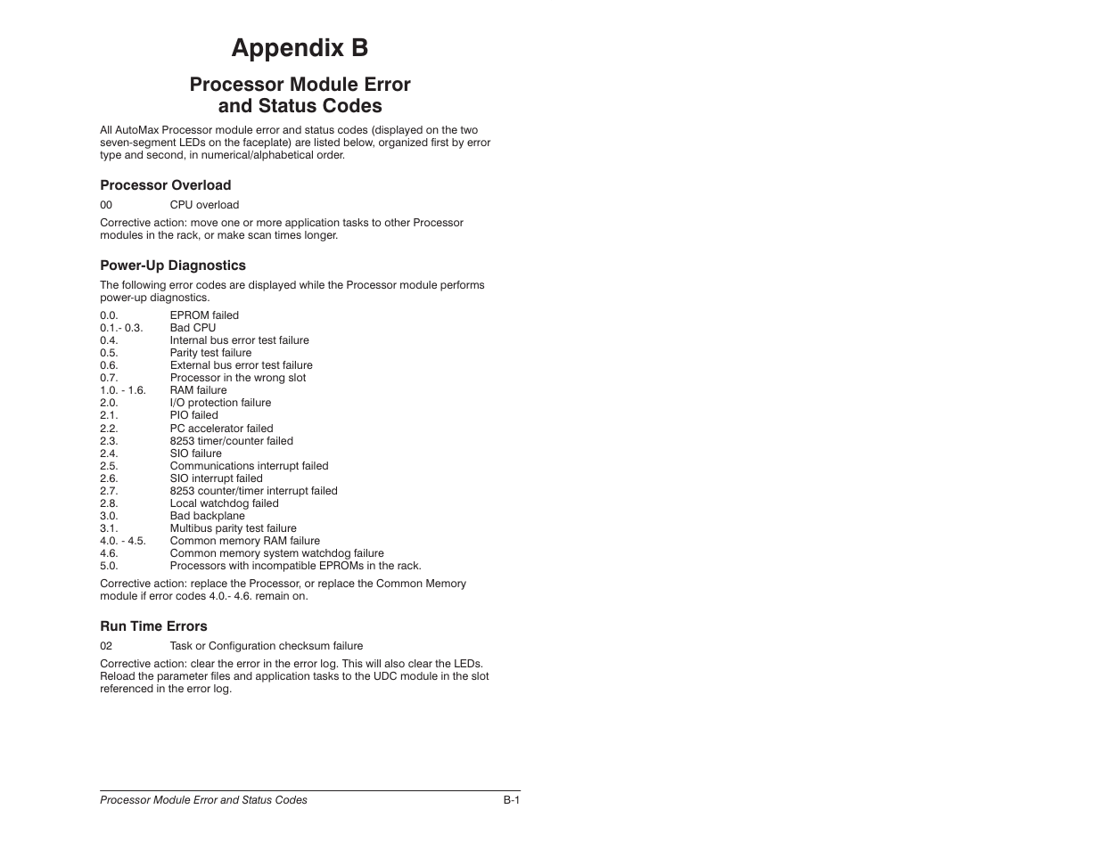 B - processor module error and status codes, Appendix b, Processor module error and status codes | Rockwell Automation 57C620 AutoMax Programming Executive Version 3.8 User Manual | Page 231 / 298