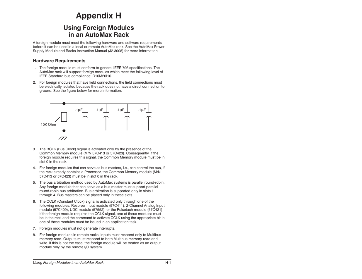 H - using foreign modules in an automax rack, Appendix h, Using foreign modules in an automax rack | Rockwell Automation 57C620 AutoMax Programming Executive Version 3.8 User Manual | Page 255 / 298