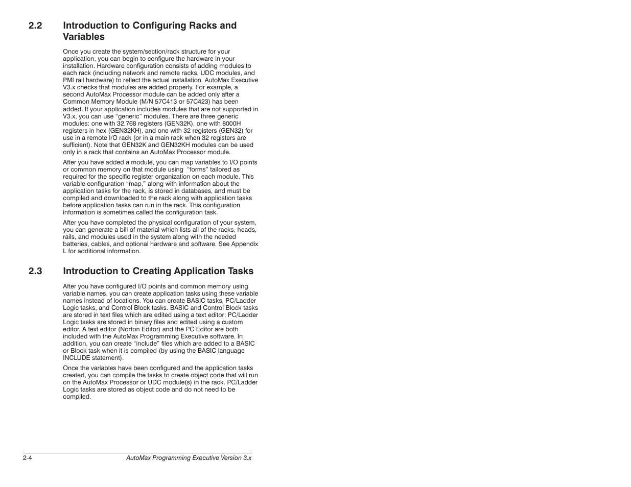 2 introduction to configuring racks and variables, 3 introduction to creating application tasks | Rockwell Automation 57C620 AutoMax Programming Executive Version 3.8 User Manual | Page 26 / 298