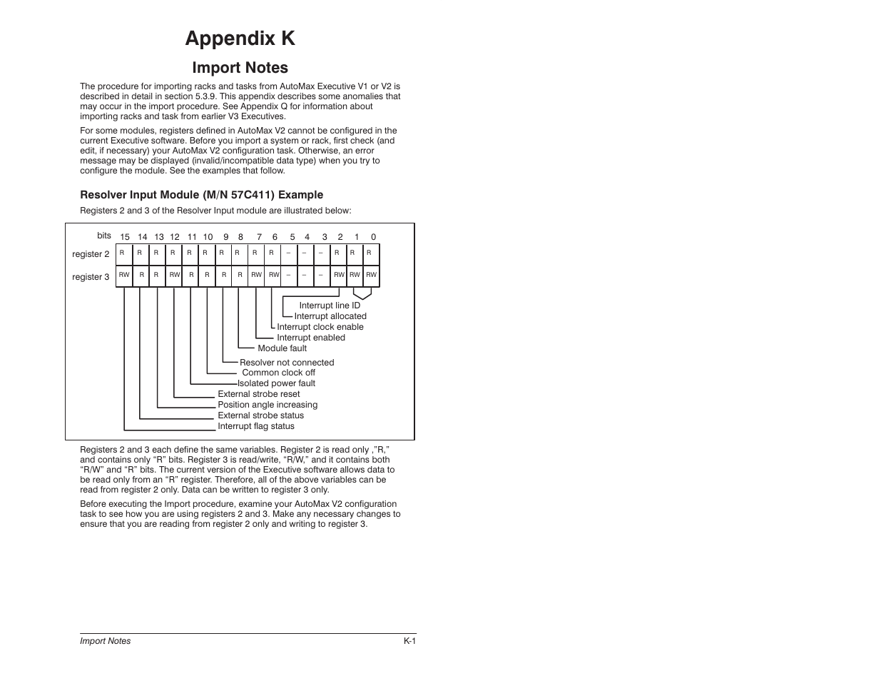 K - import notes, Appendix k | Rockwell Automation 57C620 AutoMax Programming Executive Version 3.8 User Manual | Page 261 / 298