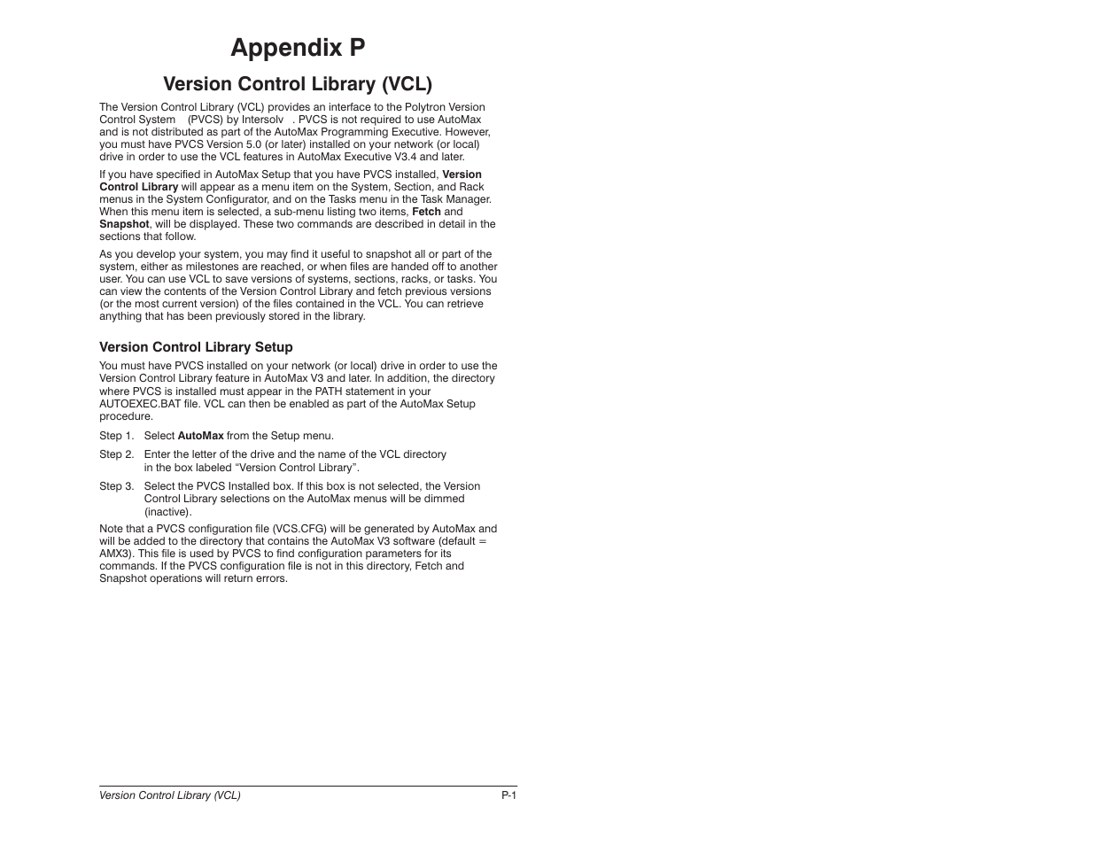 P - version control library (vcl), Appendix p, Version control library (vcl) | Rockwell Automation 57C620 AutoMax Programming Executive Version 3.8 User Manual | Page 279 / 298