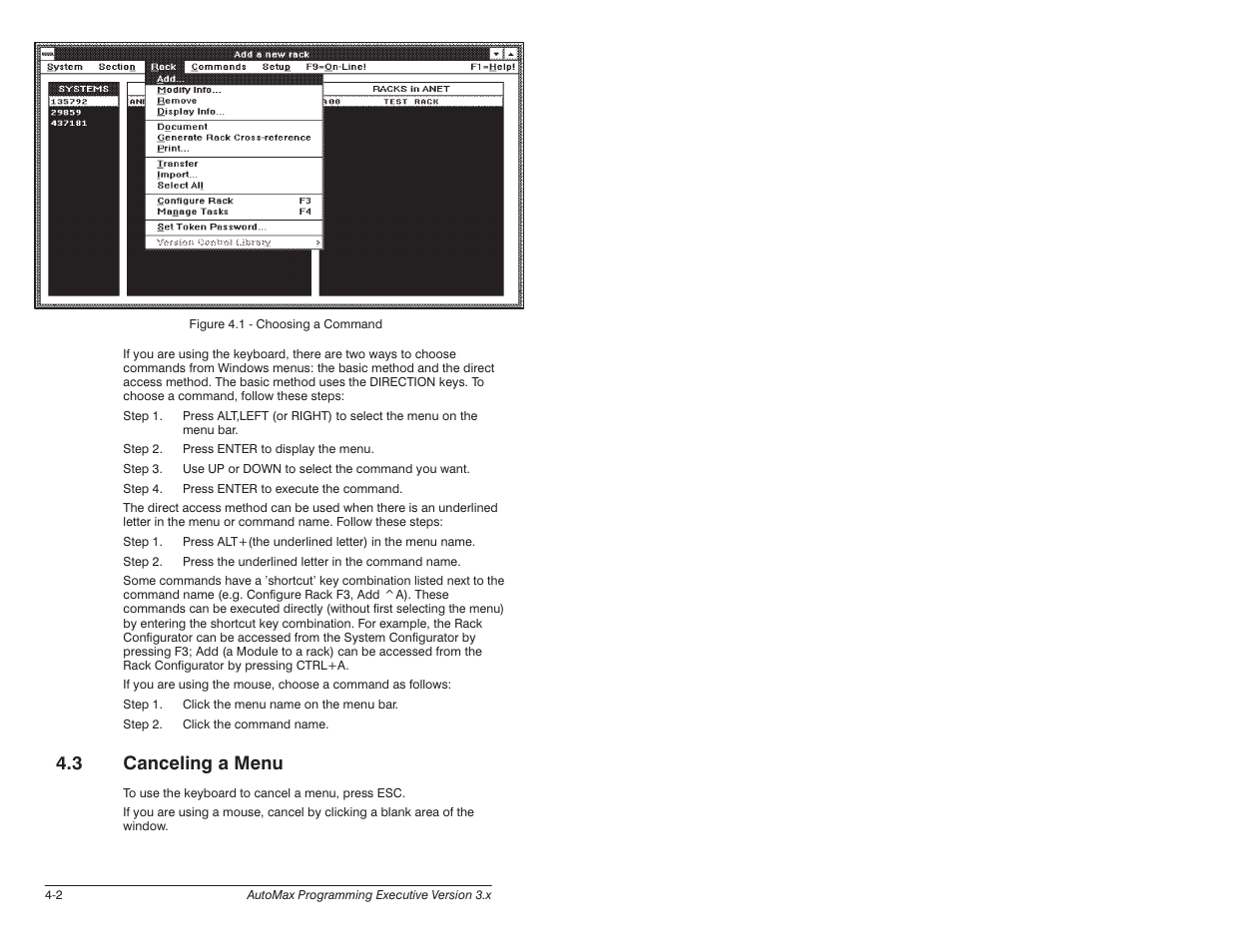 3 canceling a menu | Rockwell Automation 57C620 AutoMax Programming Executive Version 3.8 User Manual | Page 36 / 298