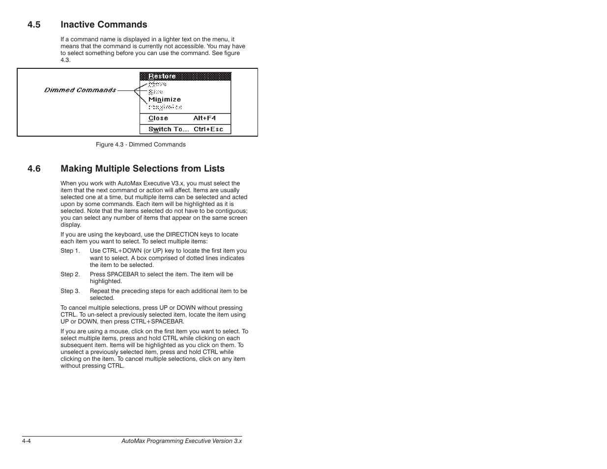 5 inactive commands, 6 making multiple selections from lists | Rockwell Automation 57C620 AutoMax Programming Executive Version 3.8 User Manual | Page 38 / 298